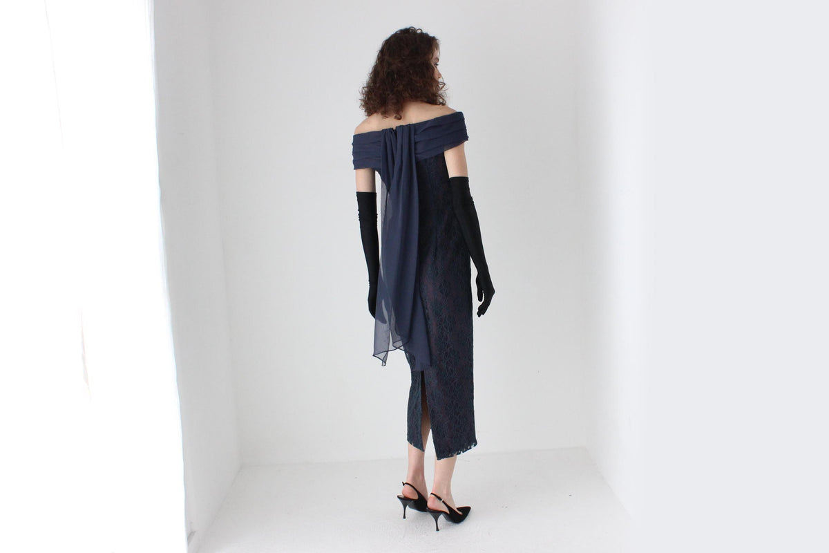 80s Lace Off Shoulder Hourglass Column Dress w/ Rosette