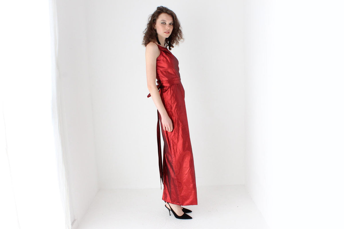 80s Old Hollywood Red Metallic Lamé One Shoulder Gown