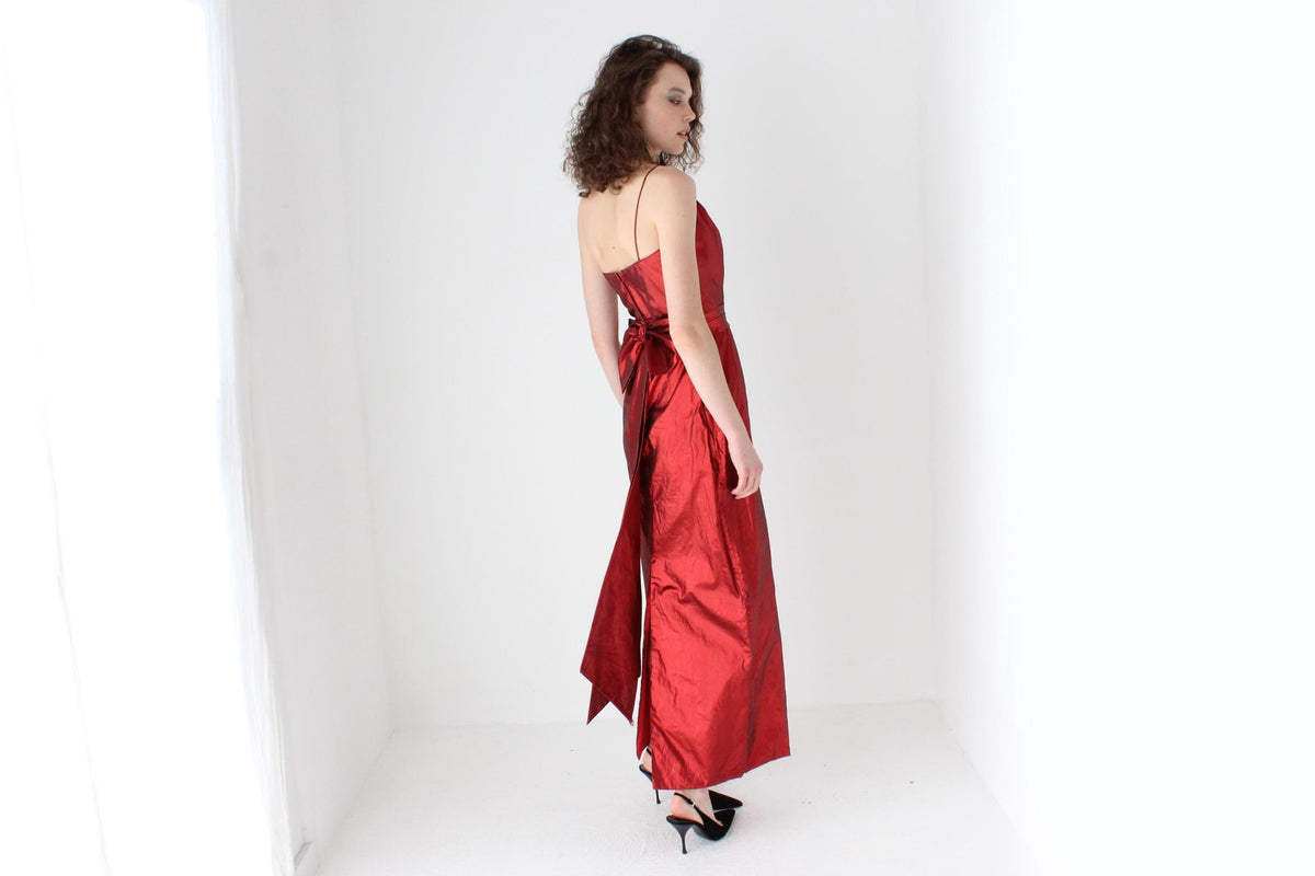 80s Old Hollywood Red Metallic Lamé One Shoulder Gown