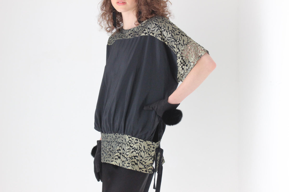 80s Batwing Cocoon Top w/ Gold Lace & Cut Out Back