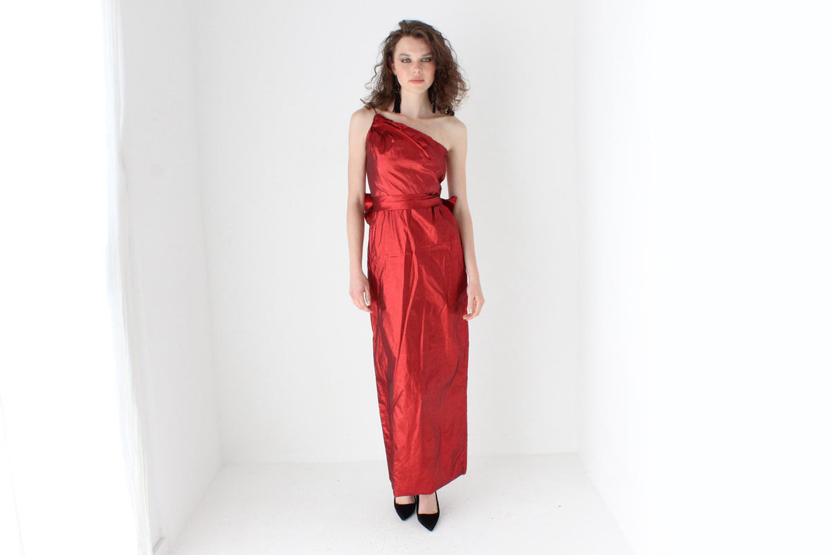 80s Old Hollywood Red Metallic Lamé One Shoulder Gown