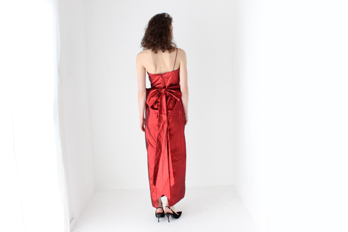 80s Old Hollywood Red Metallic Lamé One Shoulder Gown