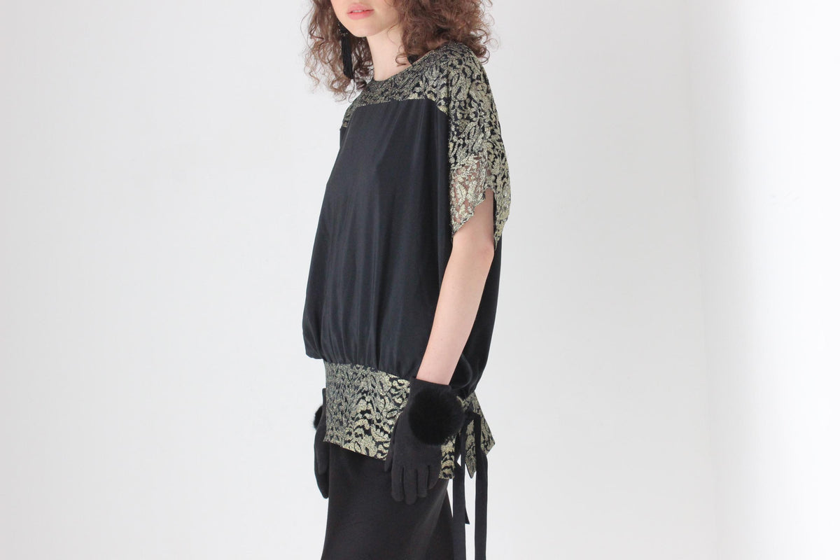 80s Batwing Cocoon Top w/ Gold Lace & Cut Out Back