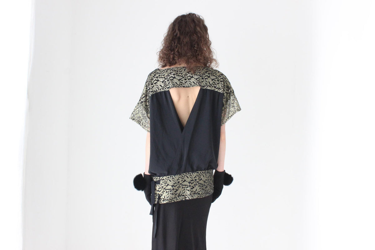 80s Batwing Cocoon Top w/ Gold Lace & Cut Out Back