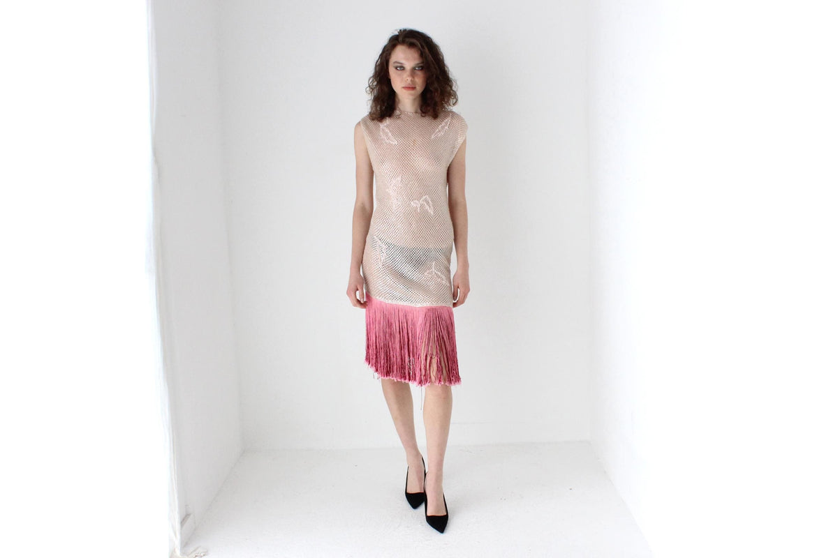 60s Hand Beaded Wool & Fringe Opera Dress