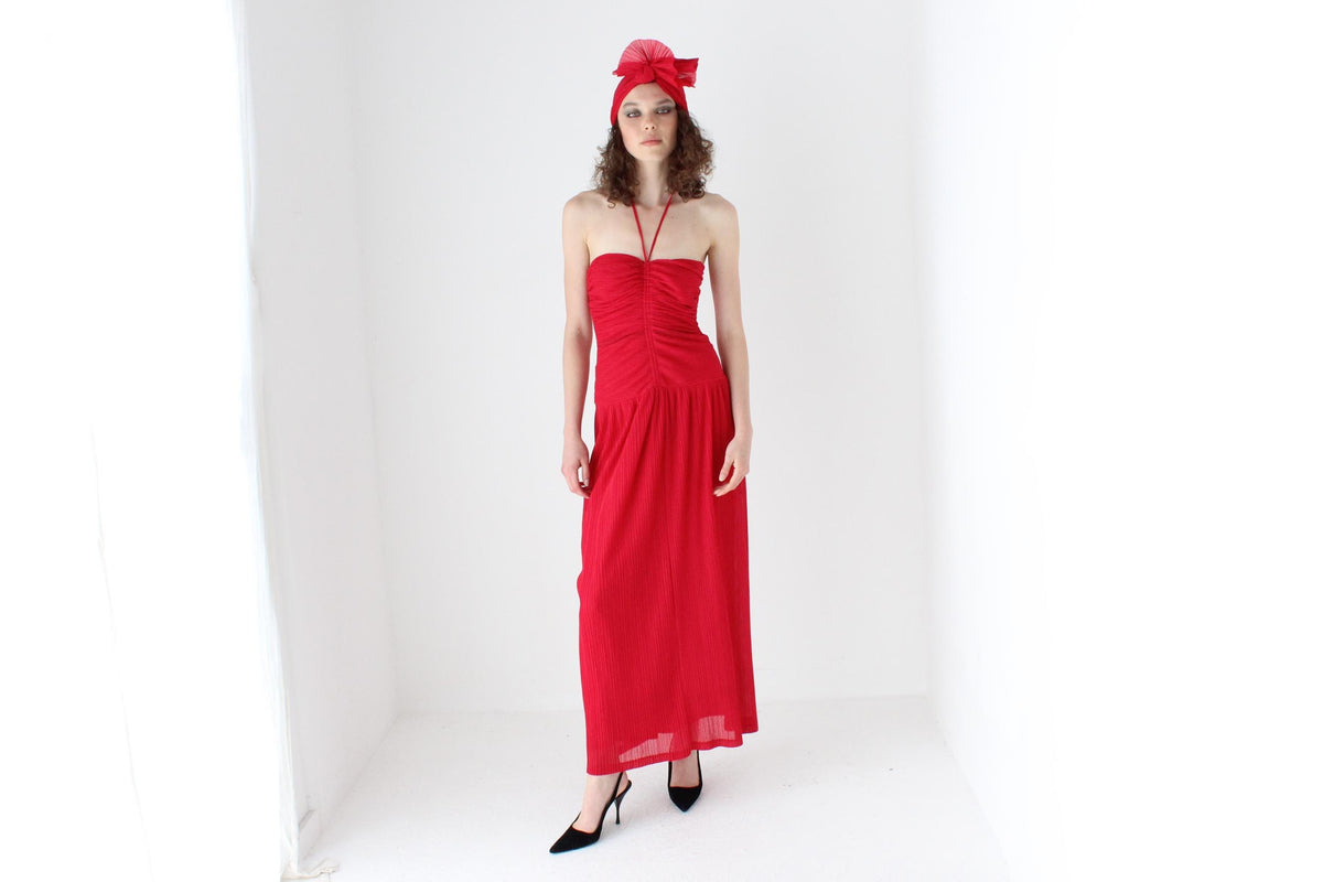 Spectacular 80s Prue Acton Ruched Red Plisse Cocktail Gown w/ MATCHING HEADPIECE
