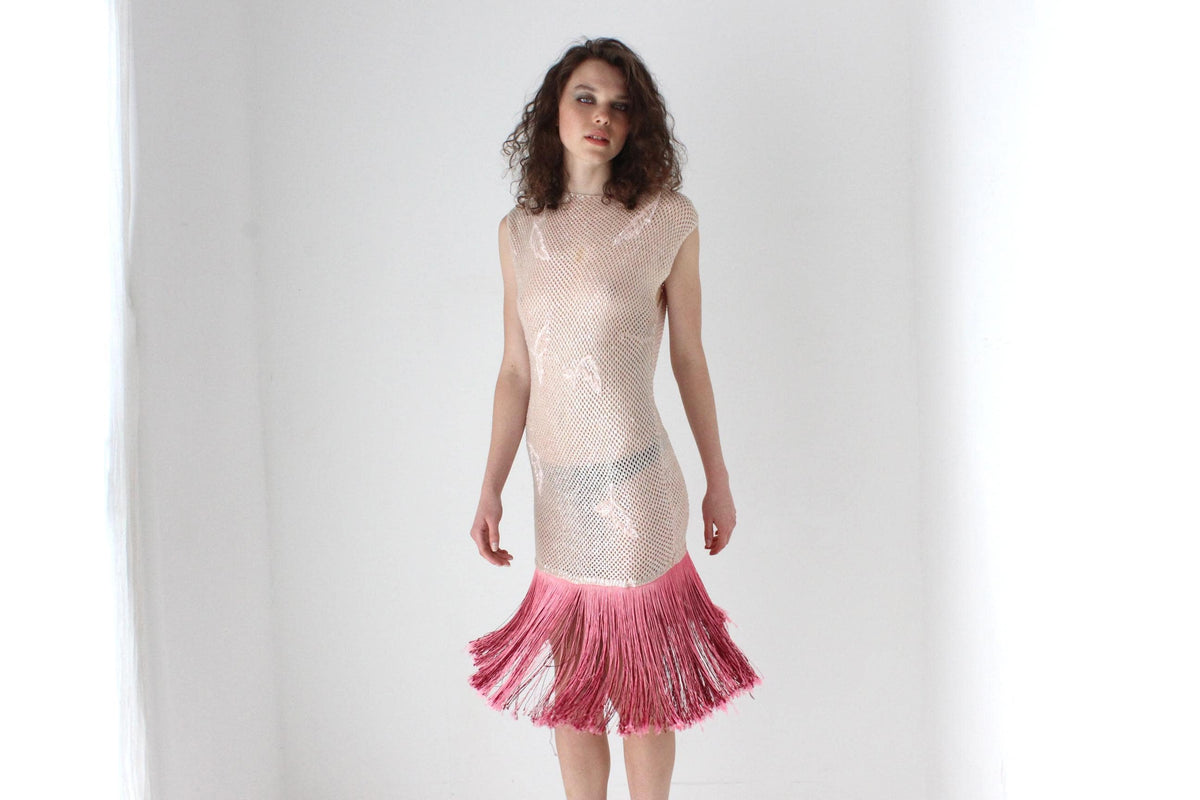 60s Hand Beaded Wool & Fringe Opera Dress