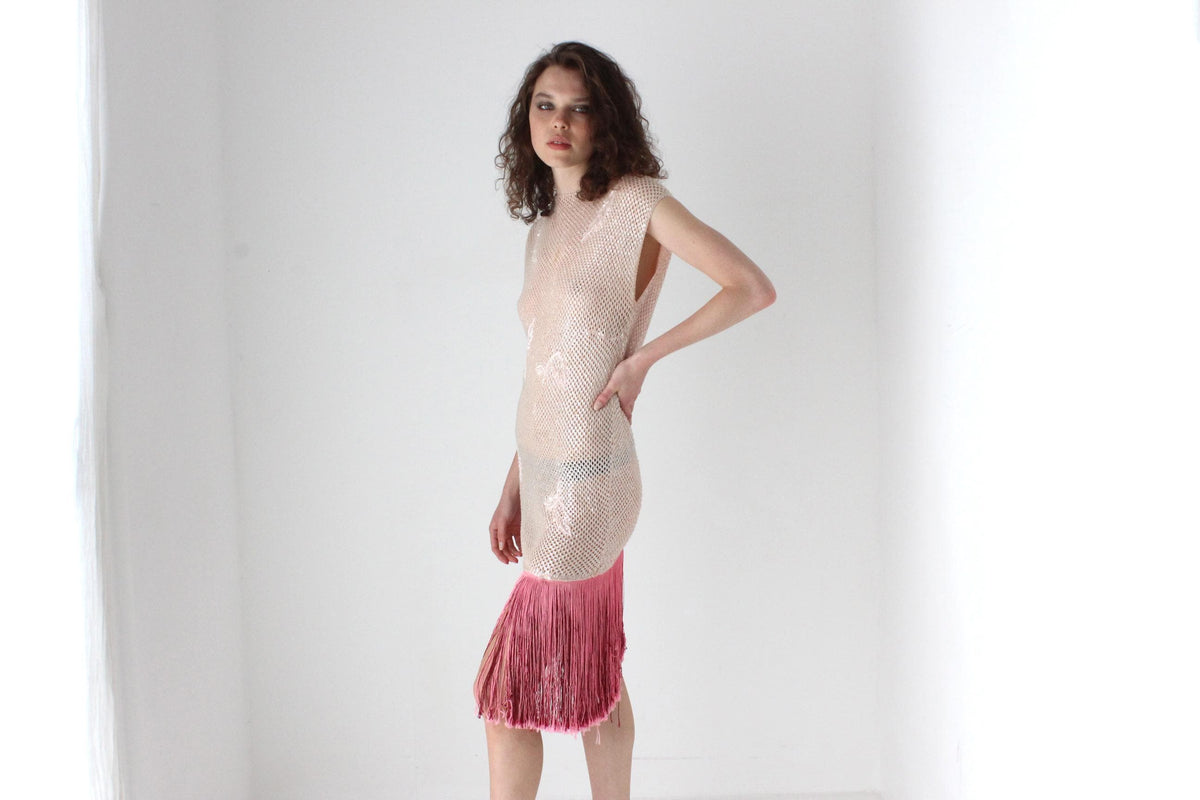 60s Hand Beaded Wool & Fringe Opera Dress