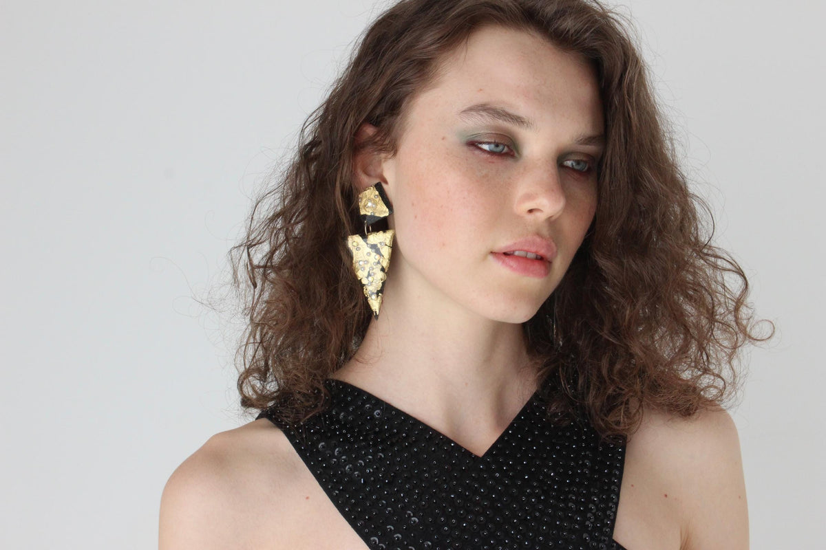80s Gold & Black Funky Abstract Clip On Earrings