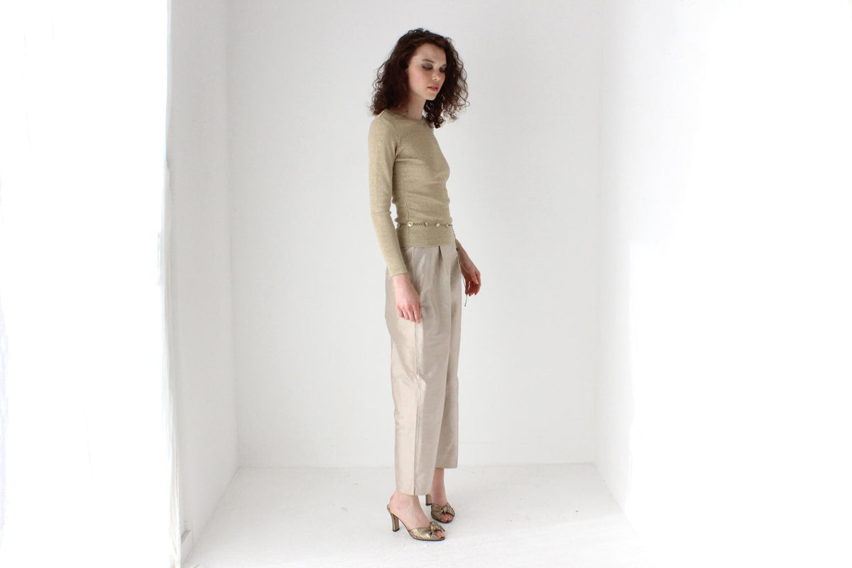 80s Raw Silk Iridescent Neutral Tapered Trousers