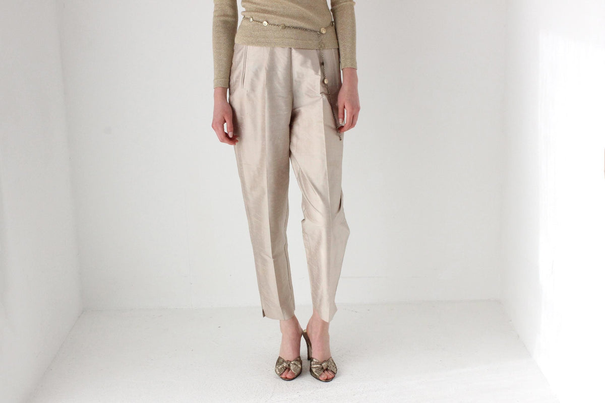 80s Raw Silk Iridescent Neutral Tapered Trousers