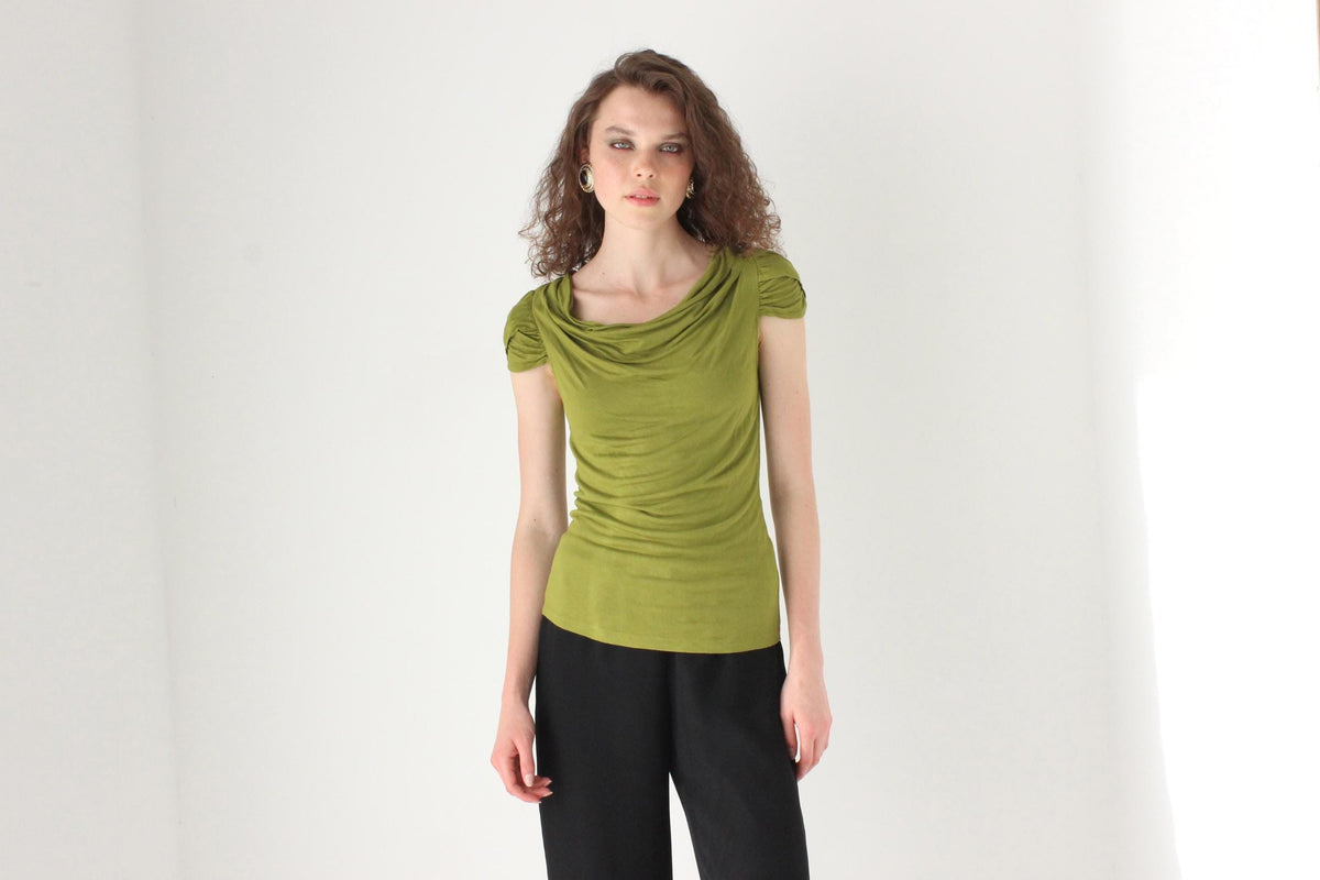 Y2K Cue Olive Green Stretch Jersey Draped Top