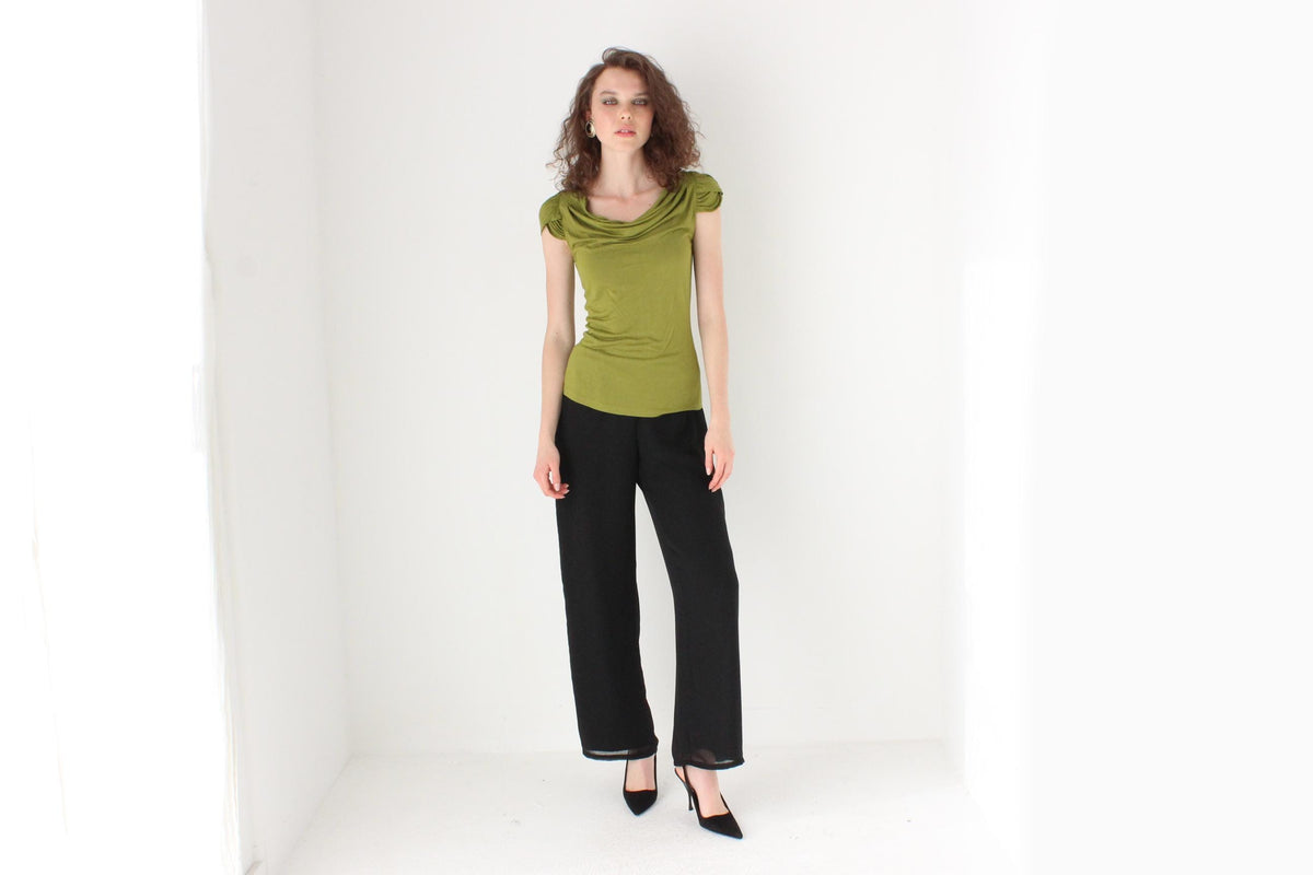 Y2K Cue Olive Green Stretch Jersey Draped Top