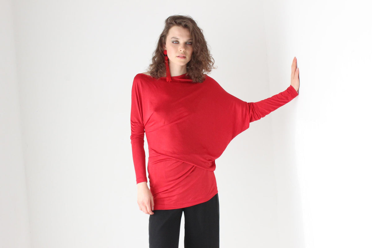 80s Slinky Jersey Asymmetric Batwing Top or Mini