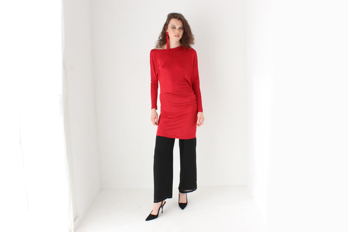 80s Slinky Jersey Asymmetric Batwing Top or Mini