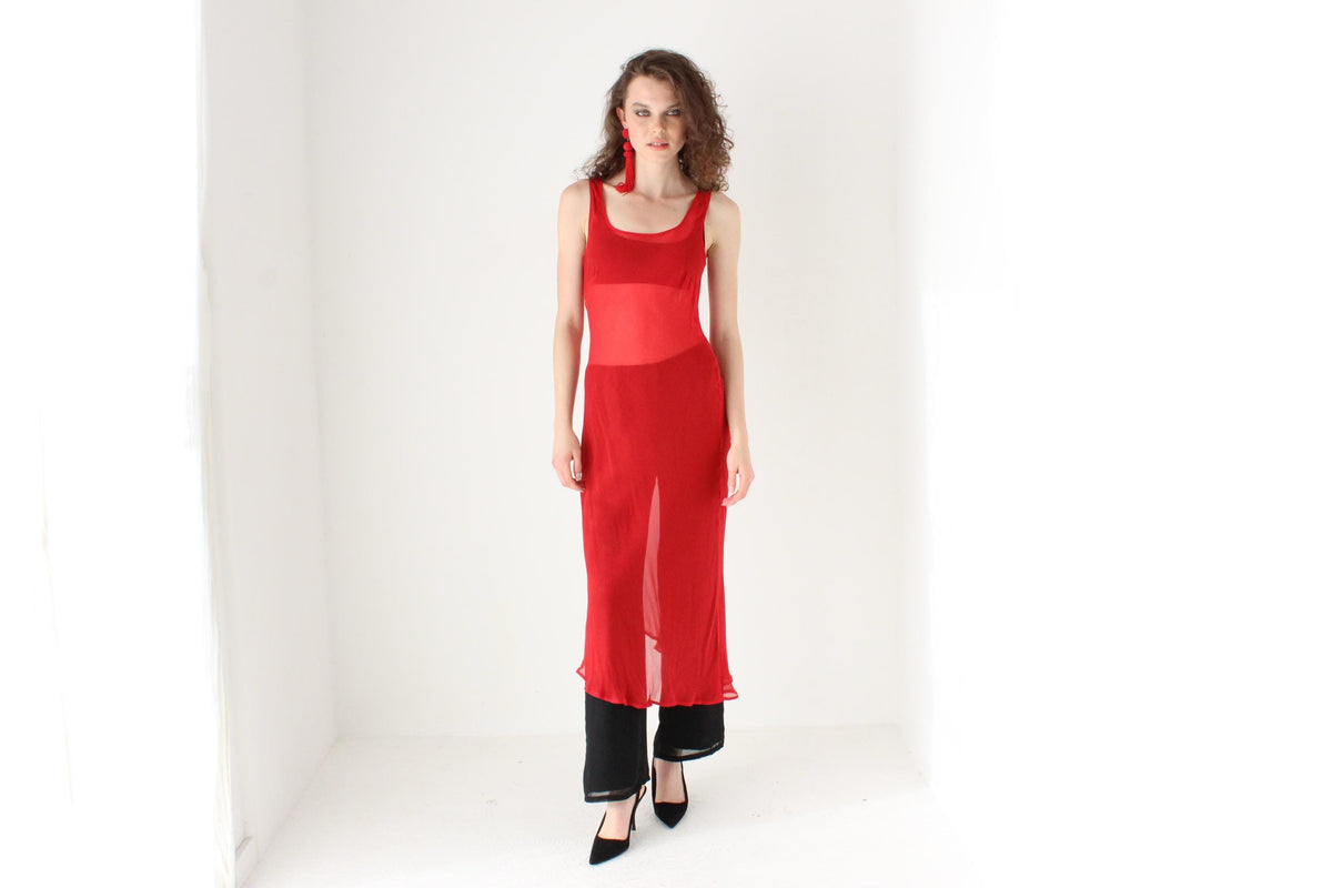 90s Sheer Red Silk Bias Cut Reversible Dress