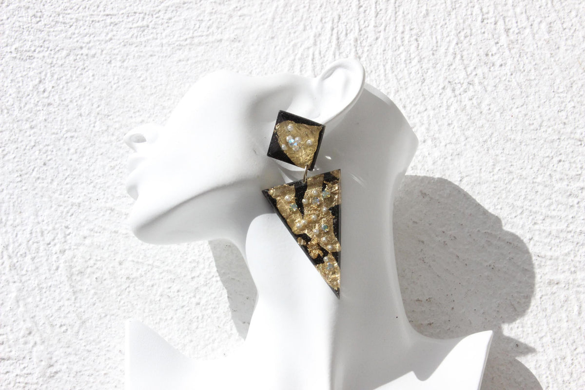 80s Gold & Black Funky Abstract Clip On Earrings