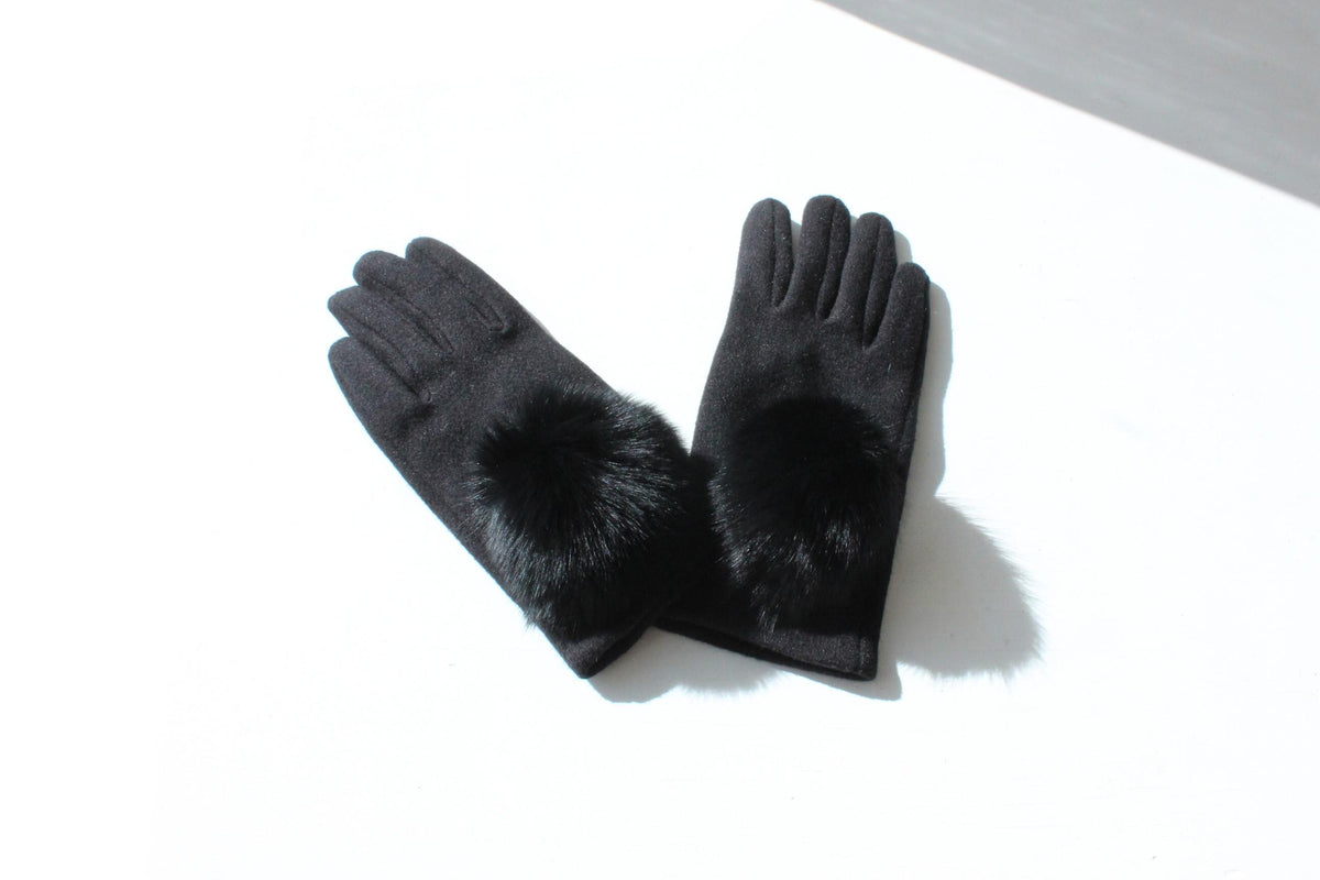 80s Felt & Rabbit Fur Pom Pom Gloves