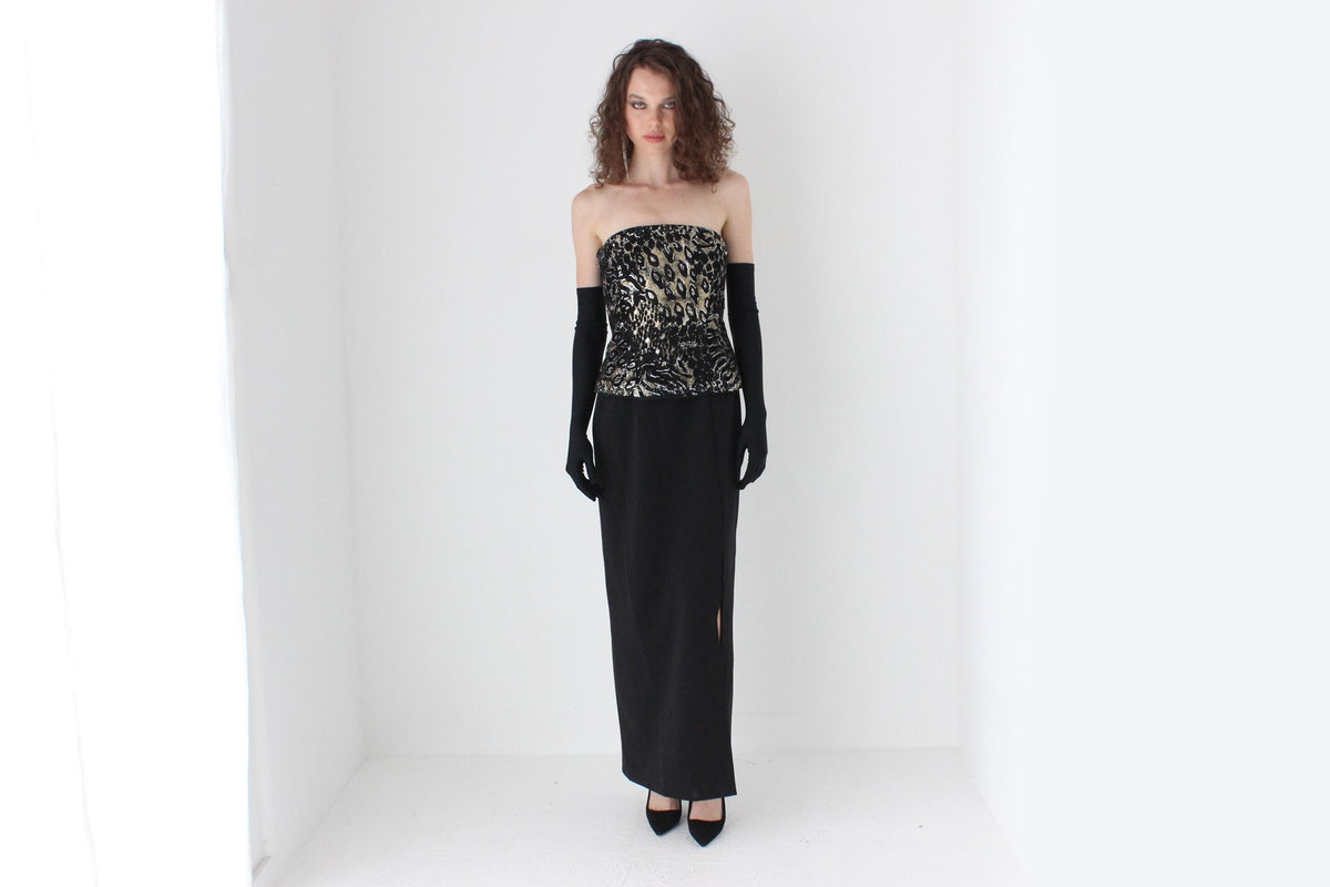 80s Diane Freis Gold Bustier Crepe Hourglass Gown