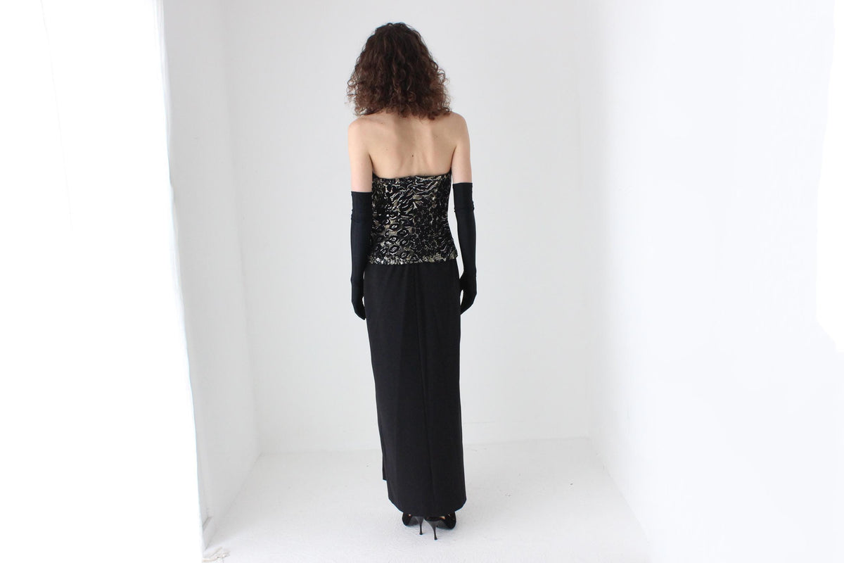 80s Diane Freis Gold Bustier Crepe Hourglass Gown