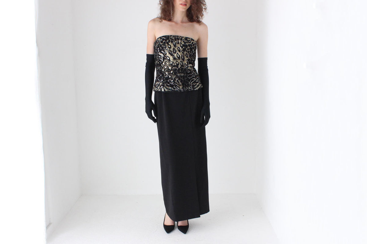 80s Diane Freis Gold Bustier Crepe Hourglass Gown