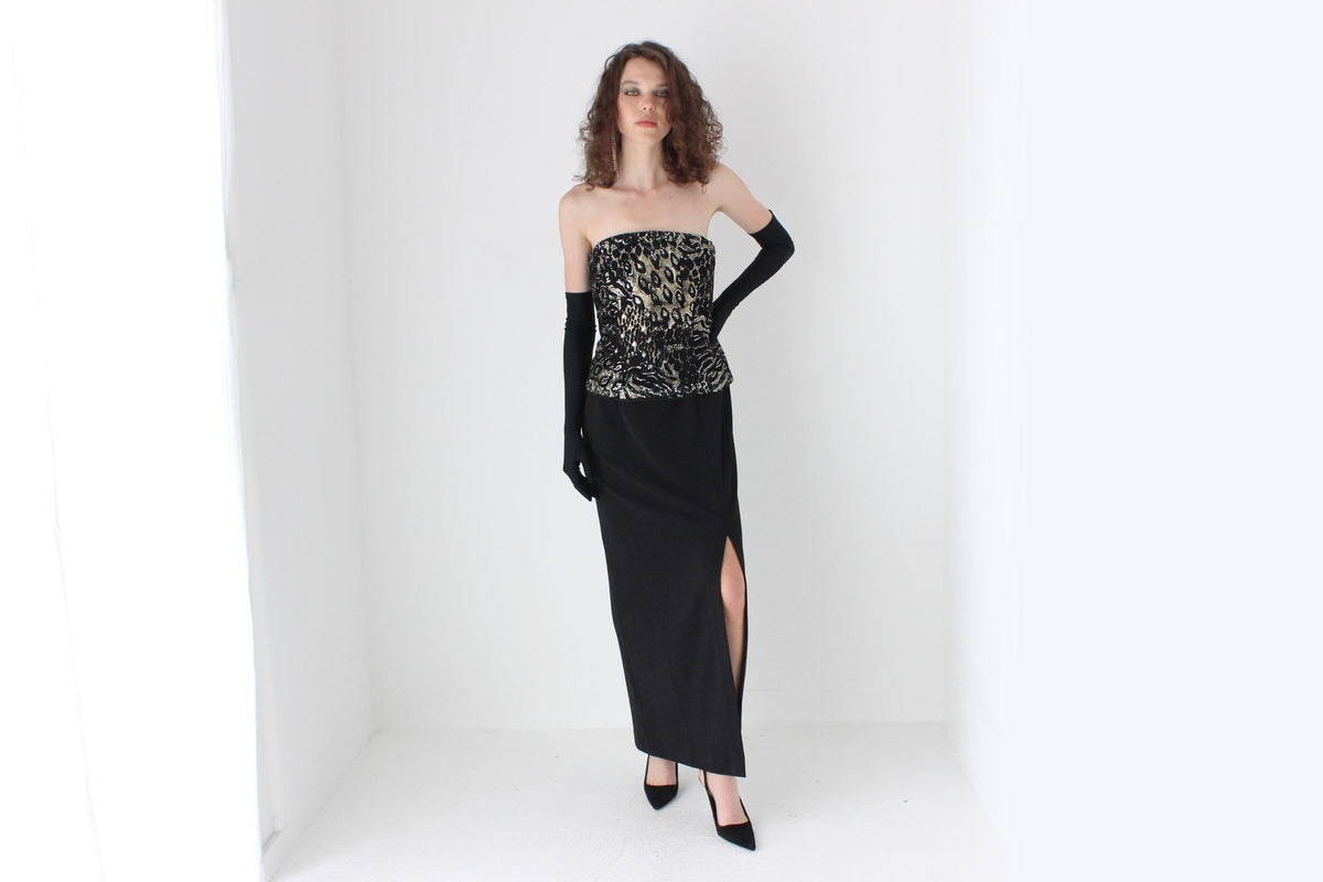 80s Diane Freis Gold Bustier Crepe Hourglass Gown