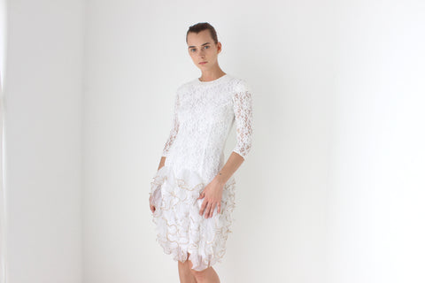 80s Ivory Lace & 3D Origami Ruffle Cocktail Dress