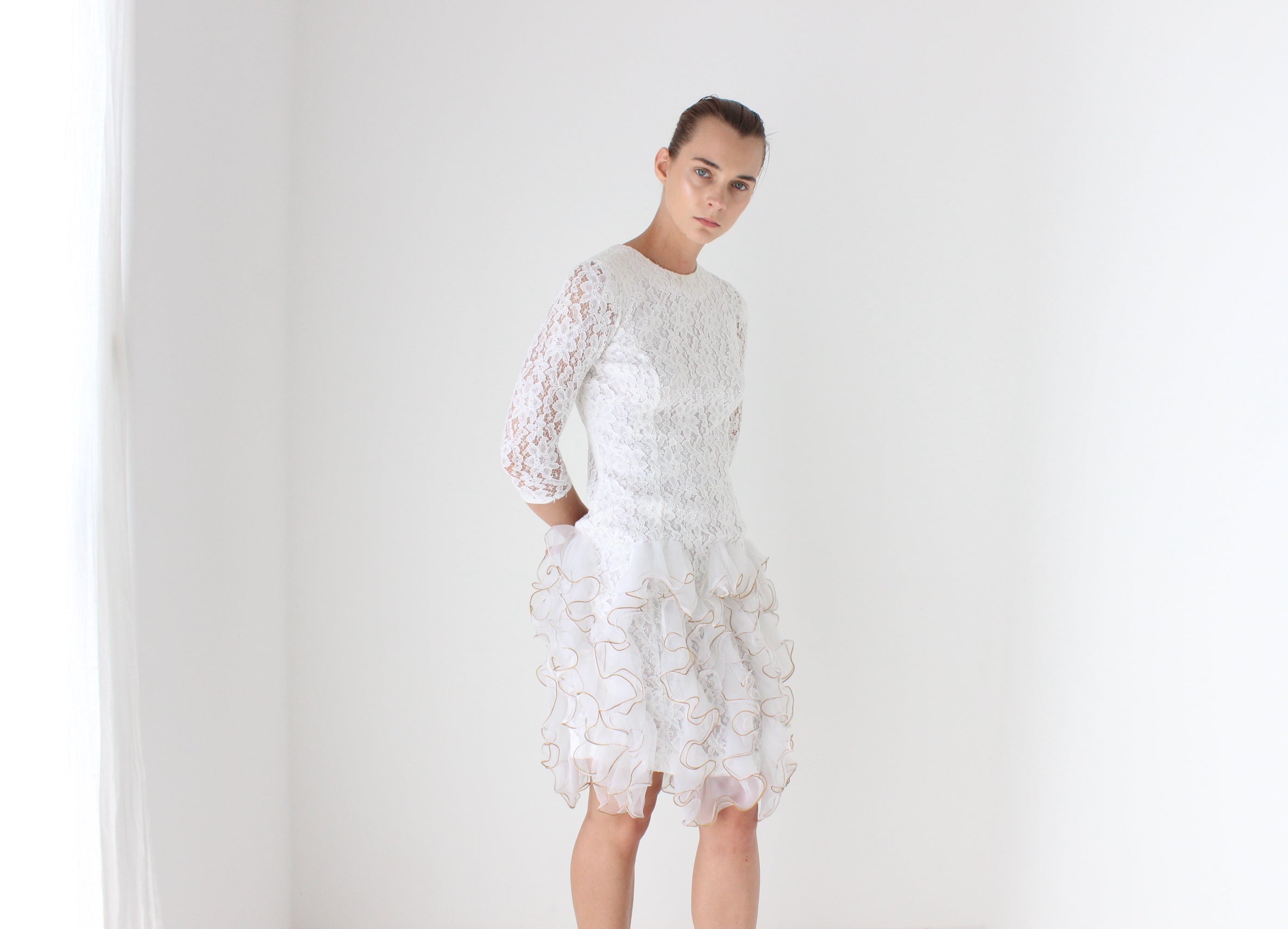 80s Ivory Lace & 3D Origami Ruffle Cocktail Dress