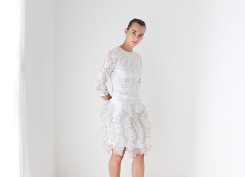 80s Ivory Lace & 3D Origami Ruffle Cocktail Dress
