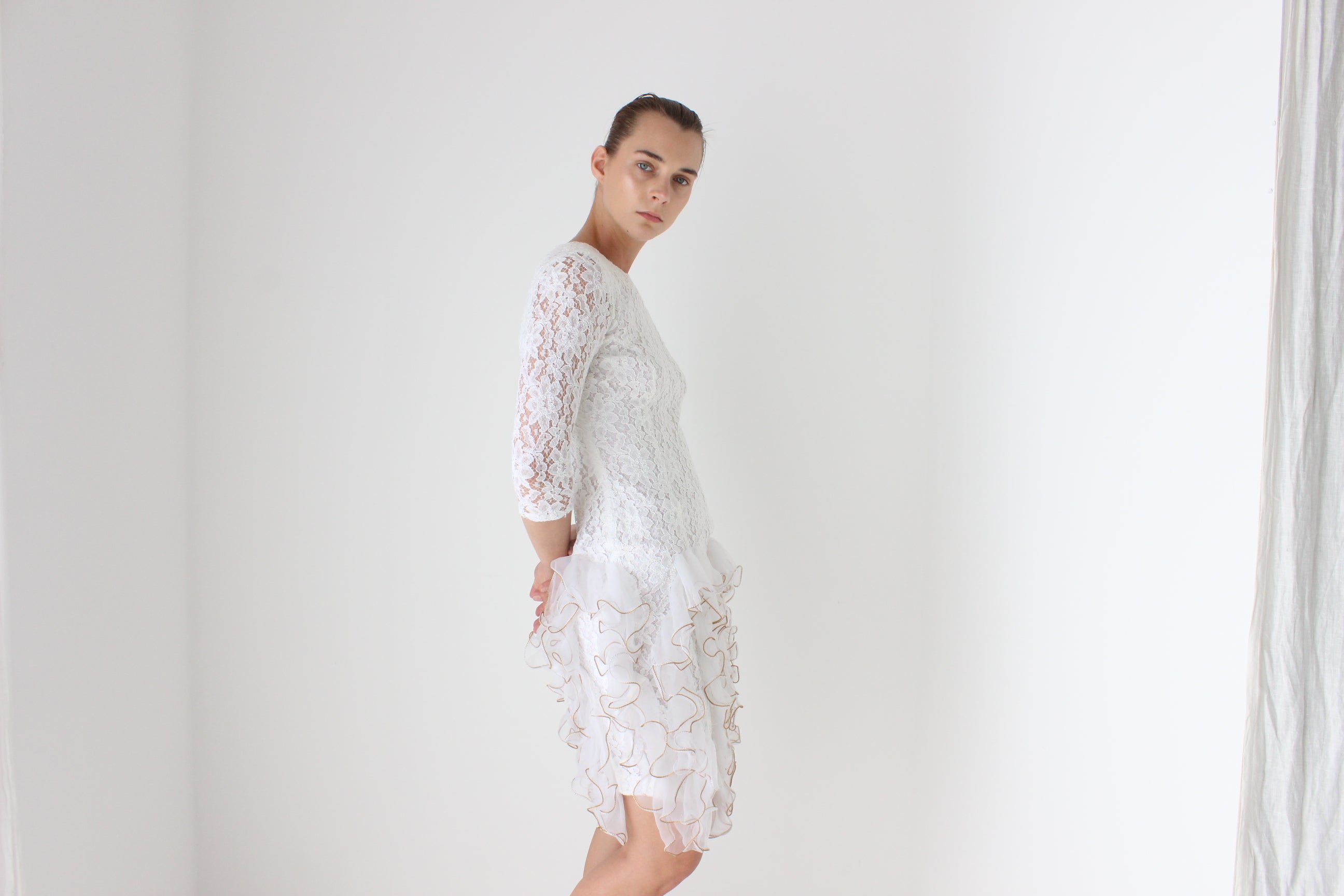 80s Ivory Lace & 3D Origami Ruffle Cocktail Dress