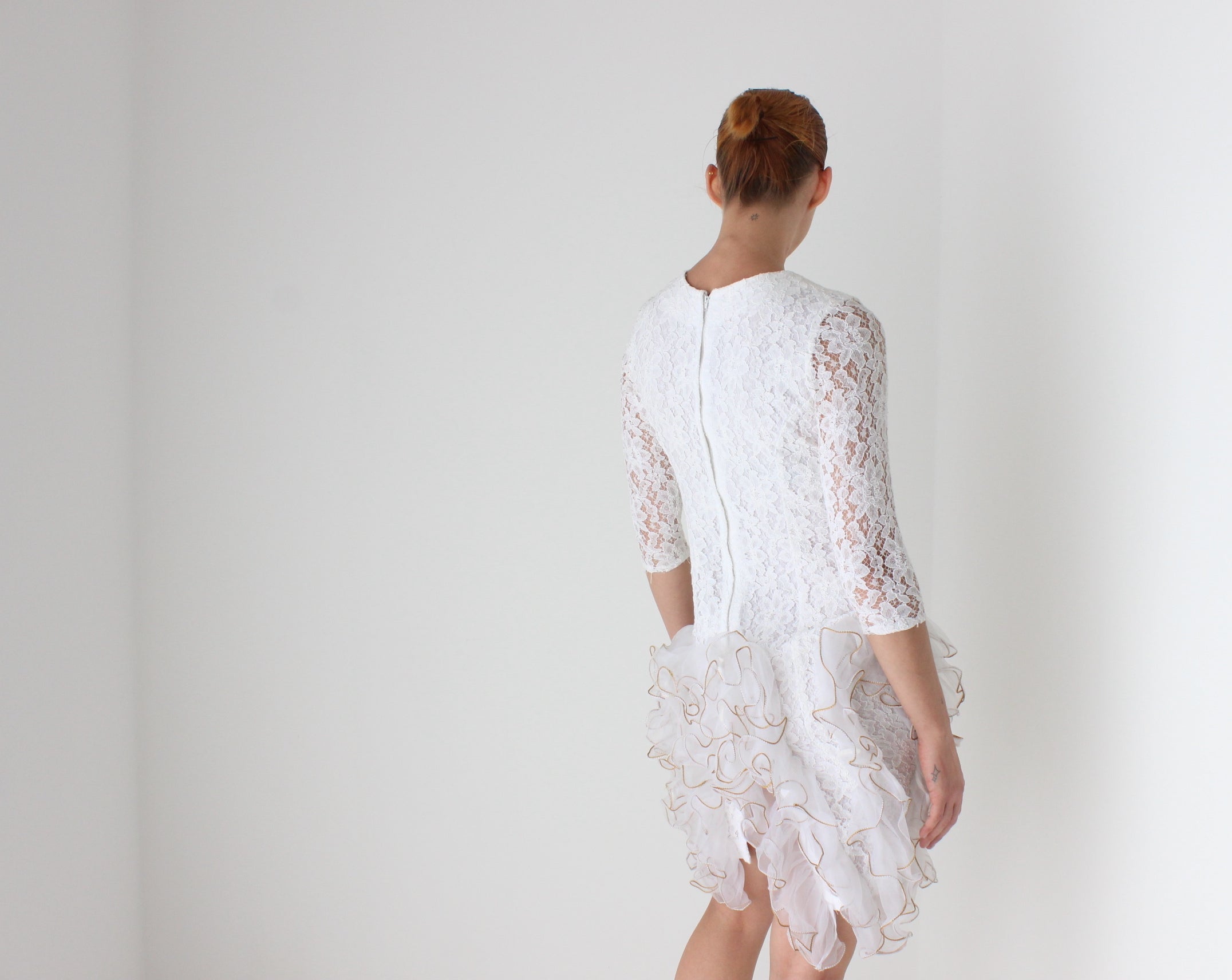 80s Ivory Lace & 3D Origami Ruffle Cocktail Dress