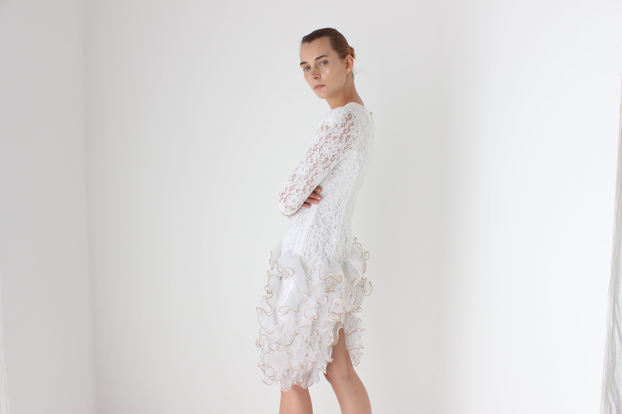 80s Ivory Lace & 3D Origami Ruffle Cocktail Dress