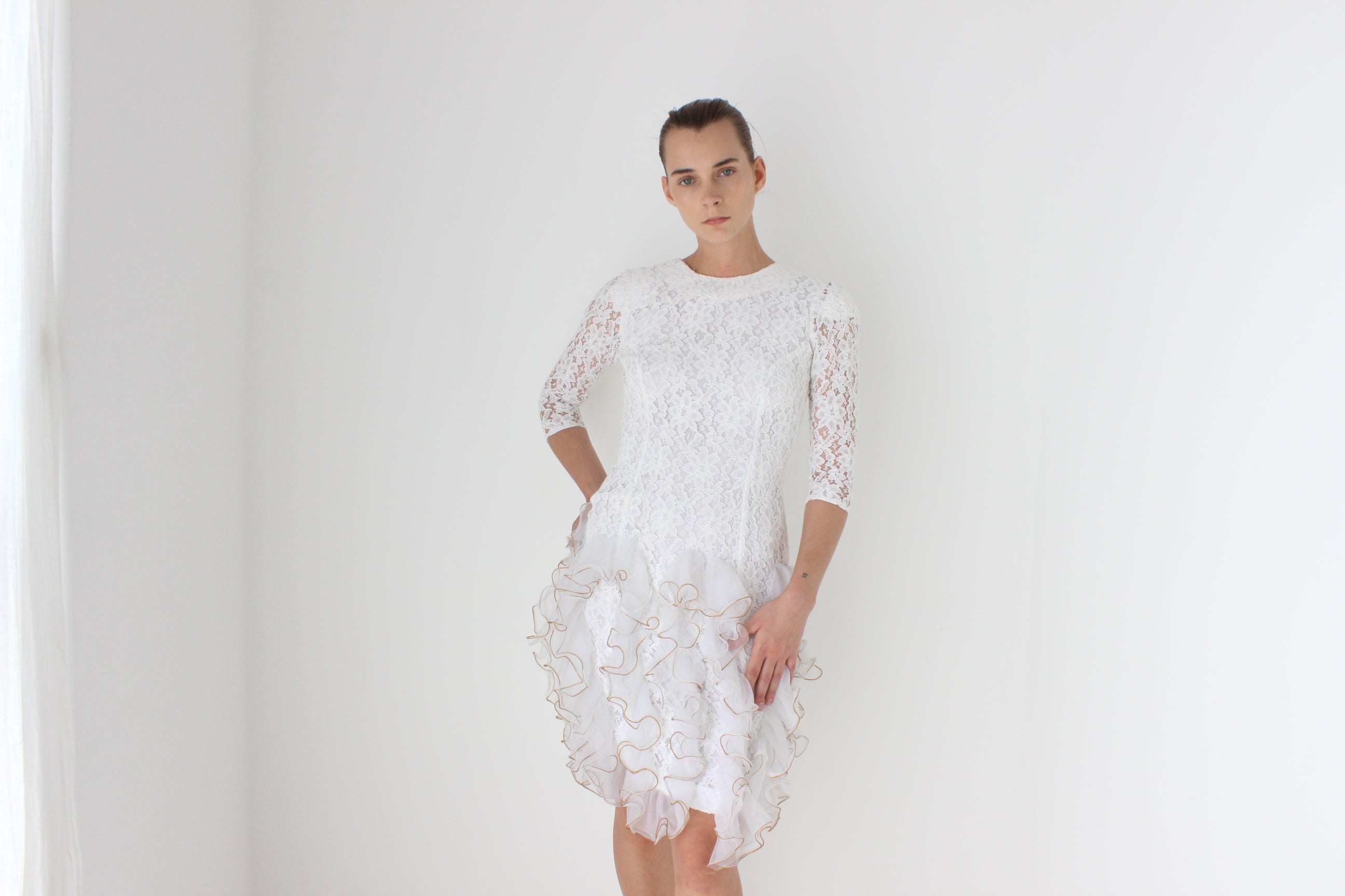 80s Ivory Lace & 3D Origami Ruffle Cocktail Dress