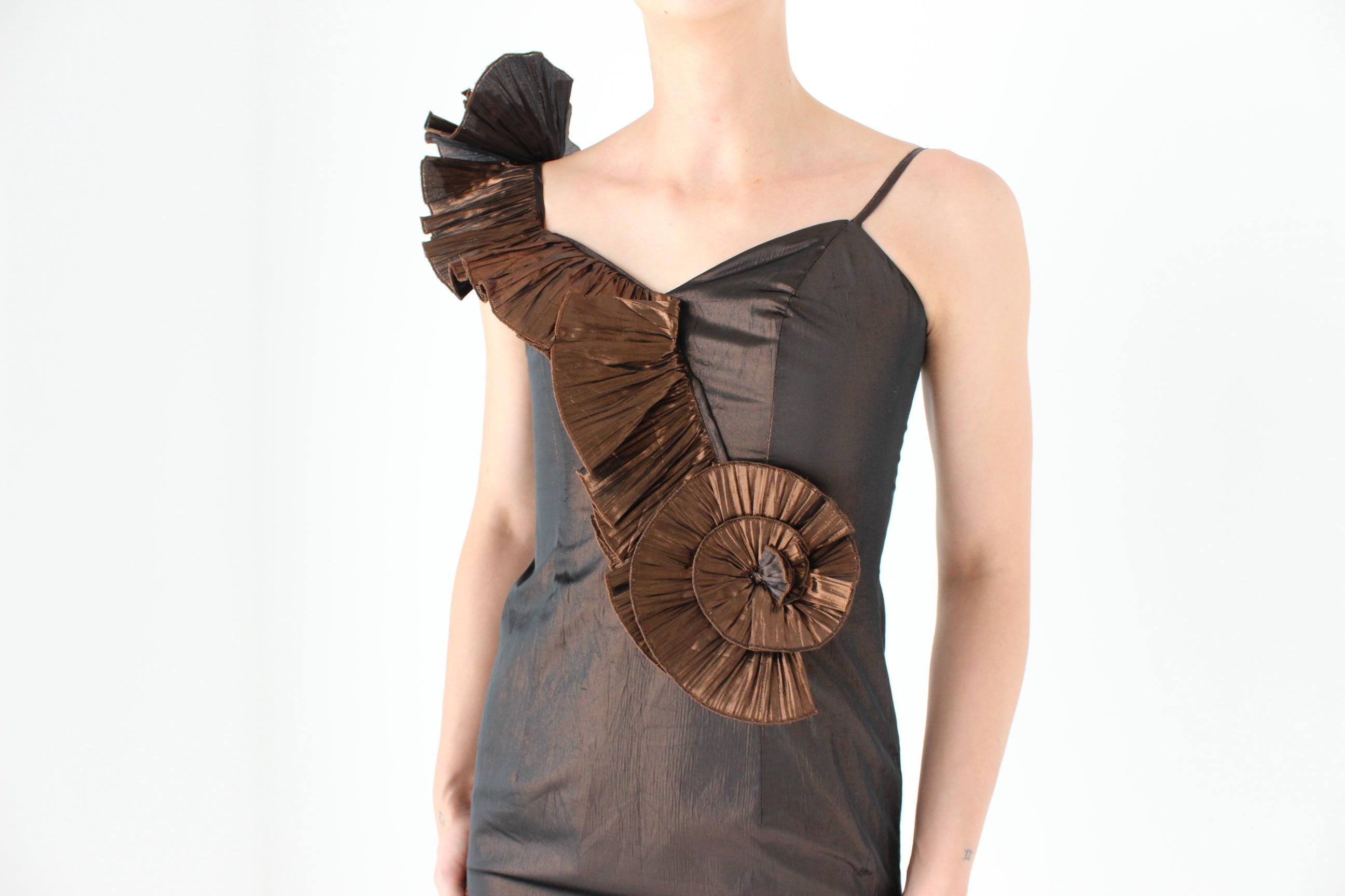 80s Bronze Origami Fan Ruffle Lamé One Shoulder Asymmetric Fitted Mini