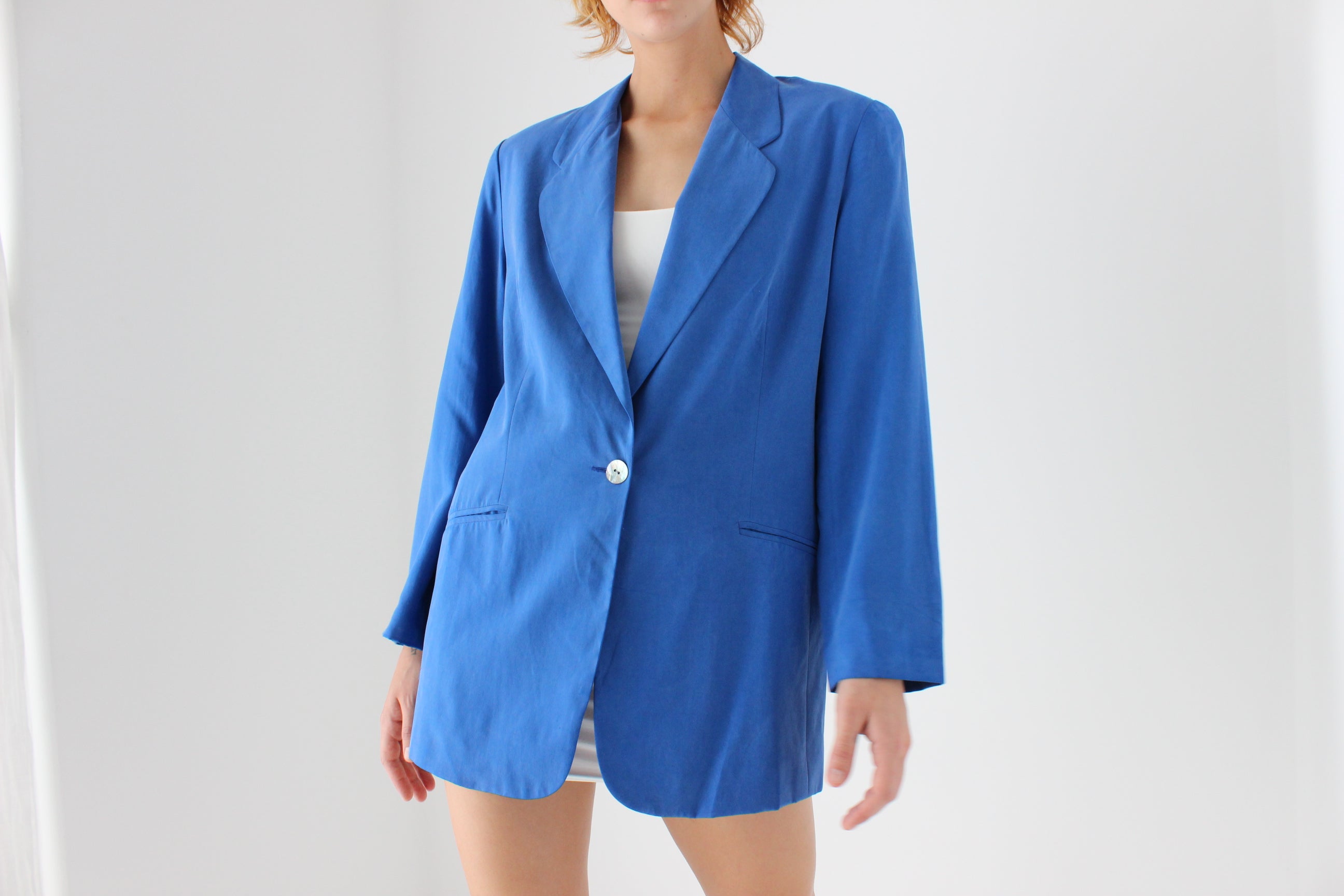 80s Electric Blue Boxy Silk Blazer Dress