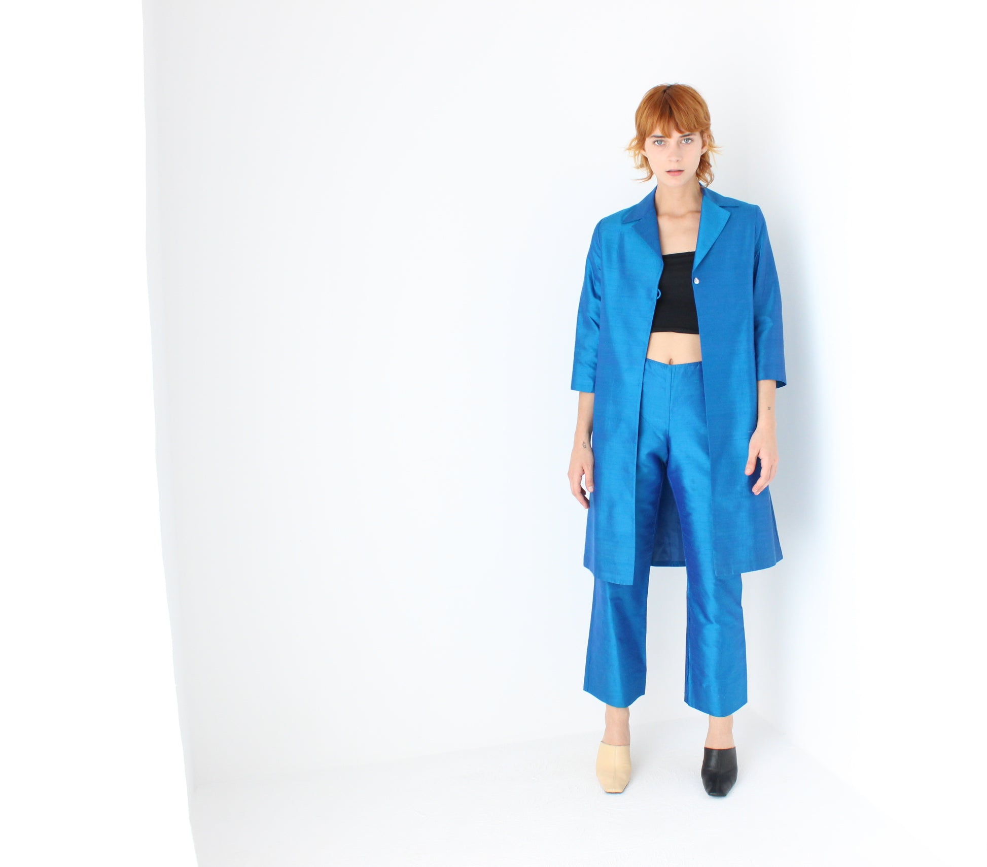 Y2K Raw Silk Electric Blue Power Suit w/ Trench Coat Blazer