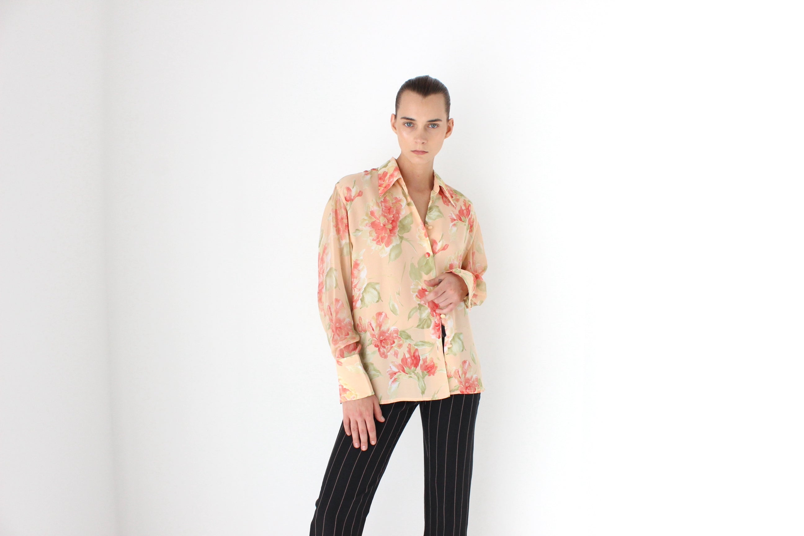 Romantic 90s Floral Blouse w/ Sheer Sleeves & Statement Cuffs