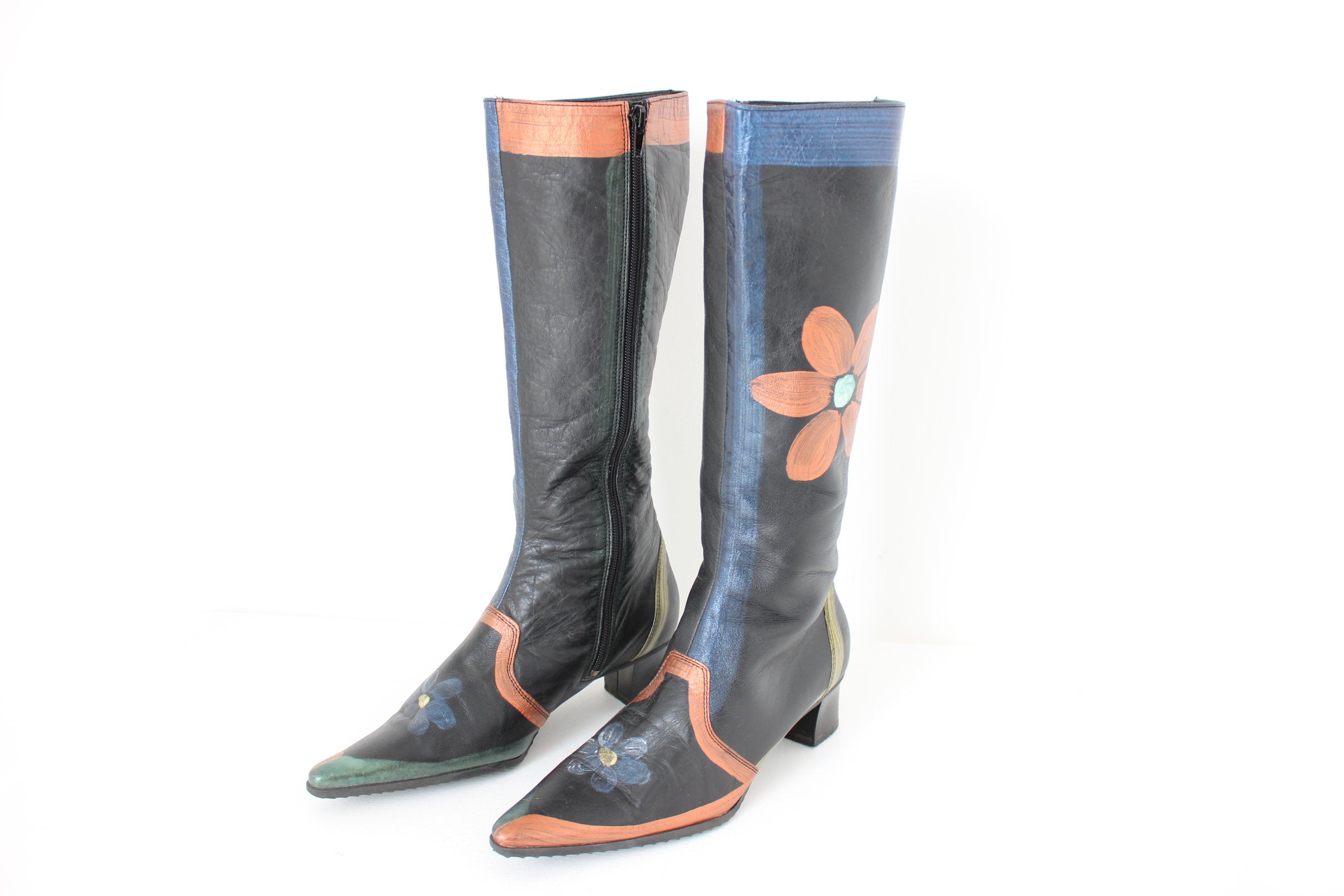90s Handpainted Flower Power Italian Leather Boots [Euro 36]