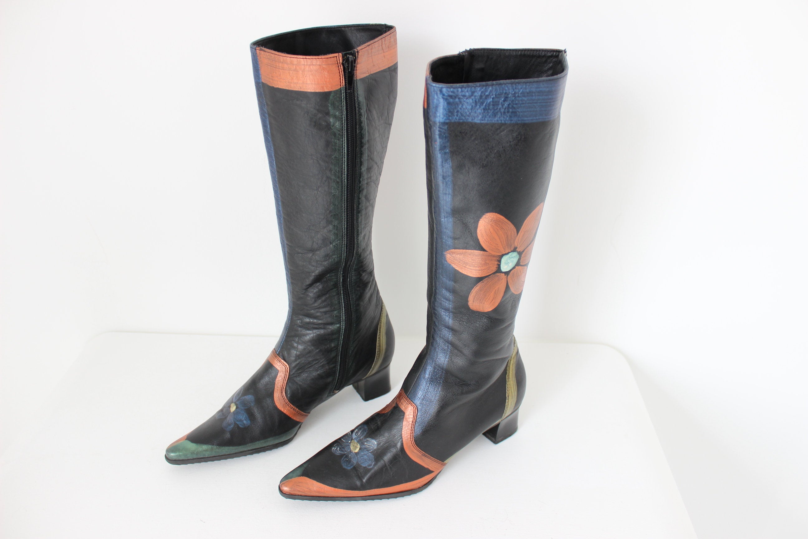 90s Handpainted Flower Power Italian Leather Boots [Euro 36]