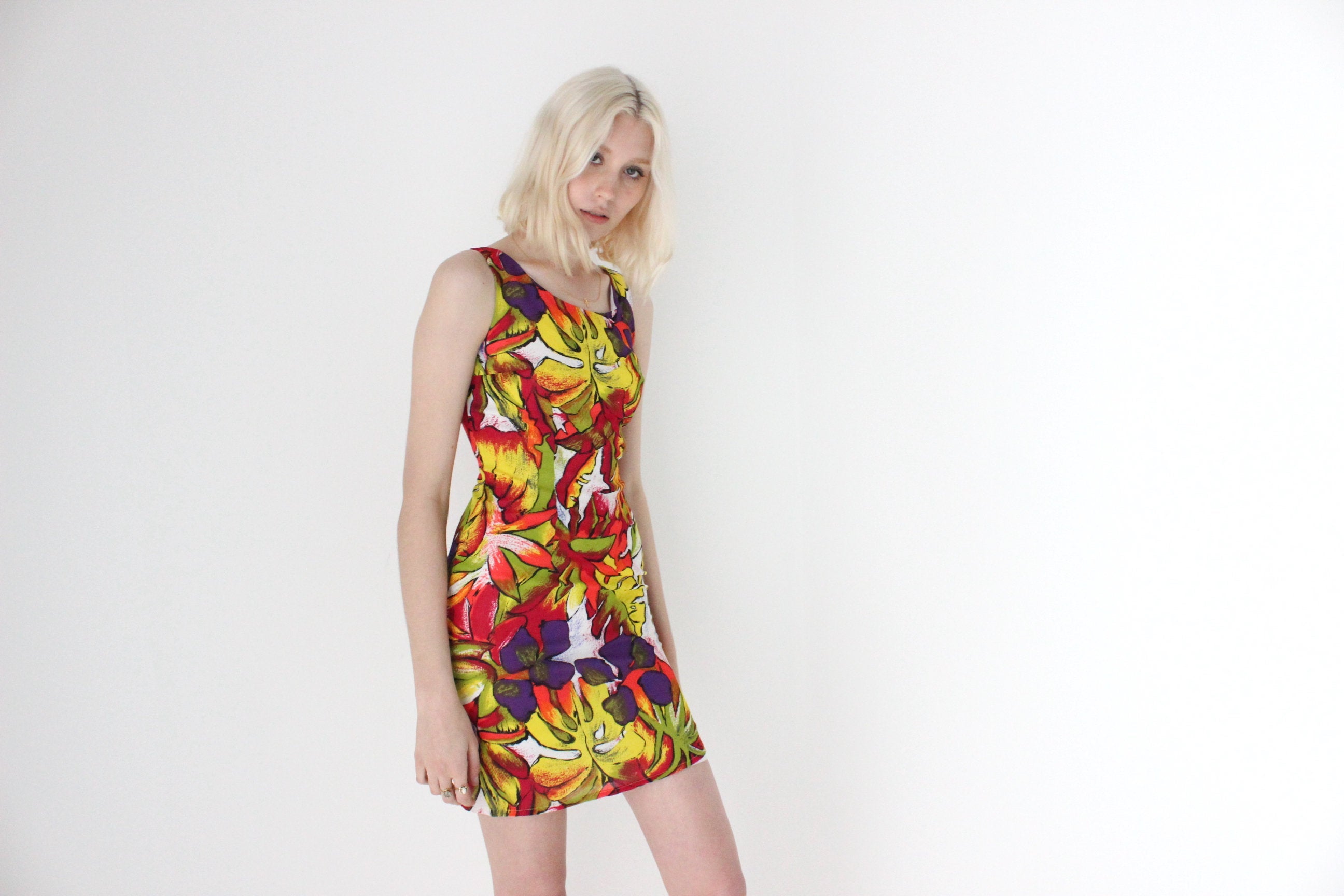 90s Tropical Fruit Salad Rainbow Fitted Mini Dress