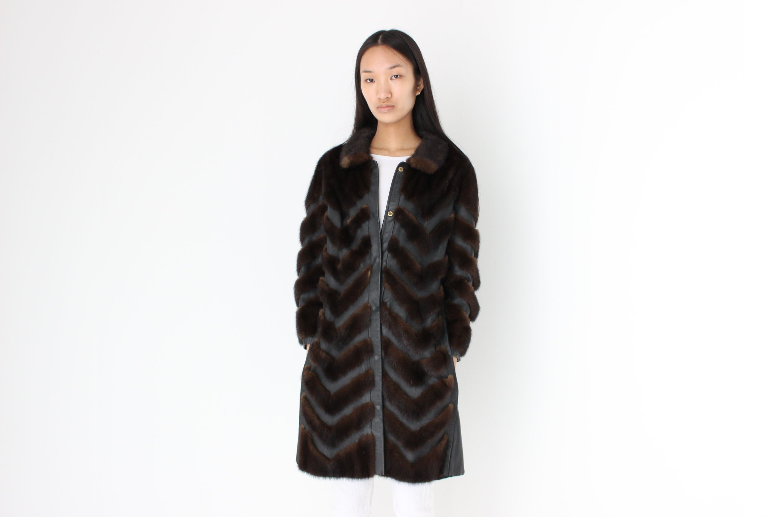 Unbelievable 1980s Custom Made -Leather & Mink- Chevron Trench