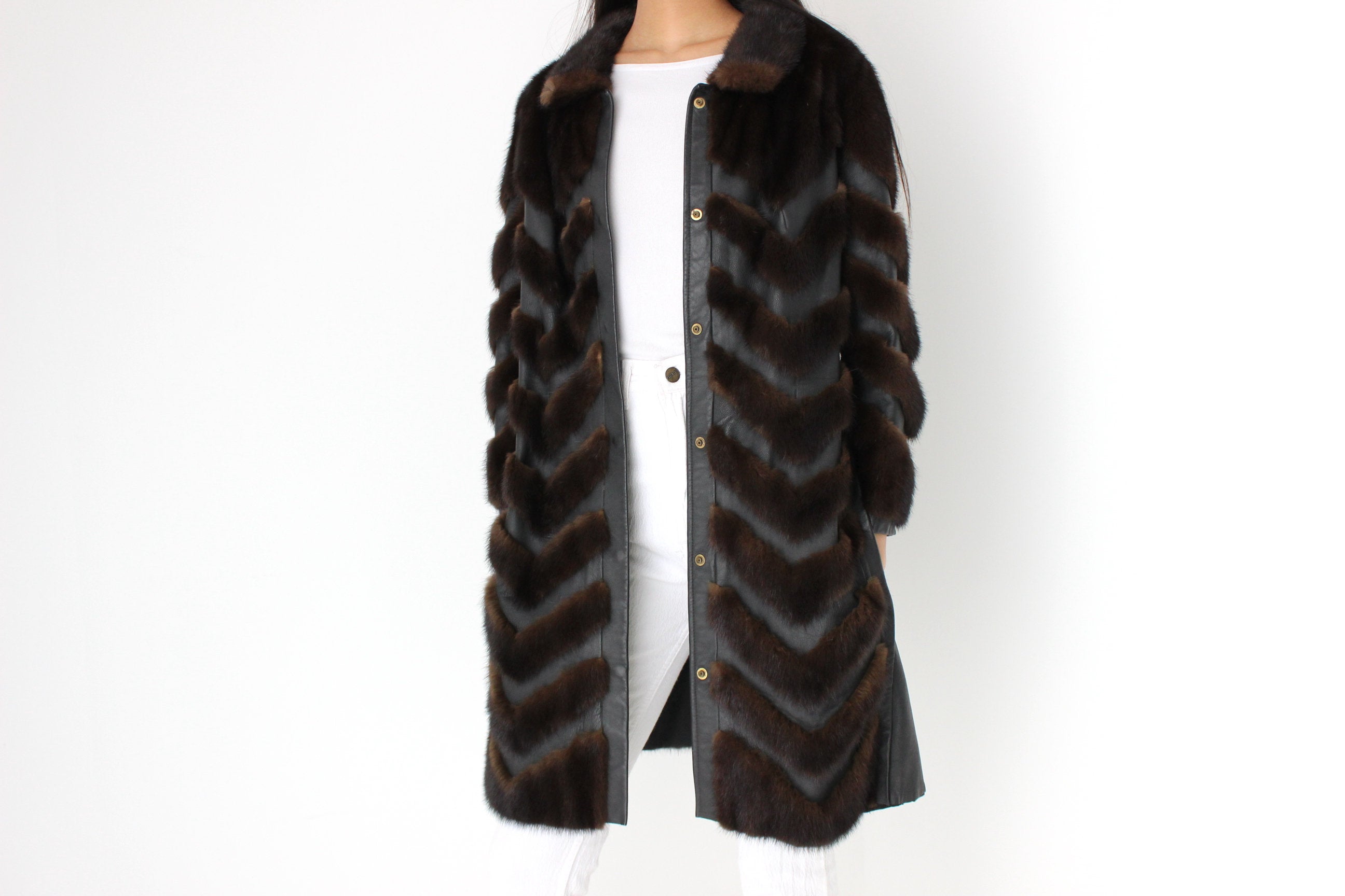 Unbelievable 1980s Custom Made -Leather & Mink- Chevron Trench