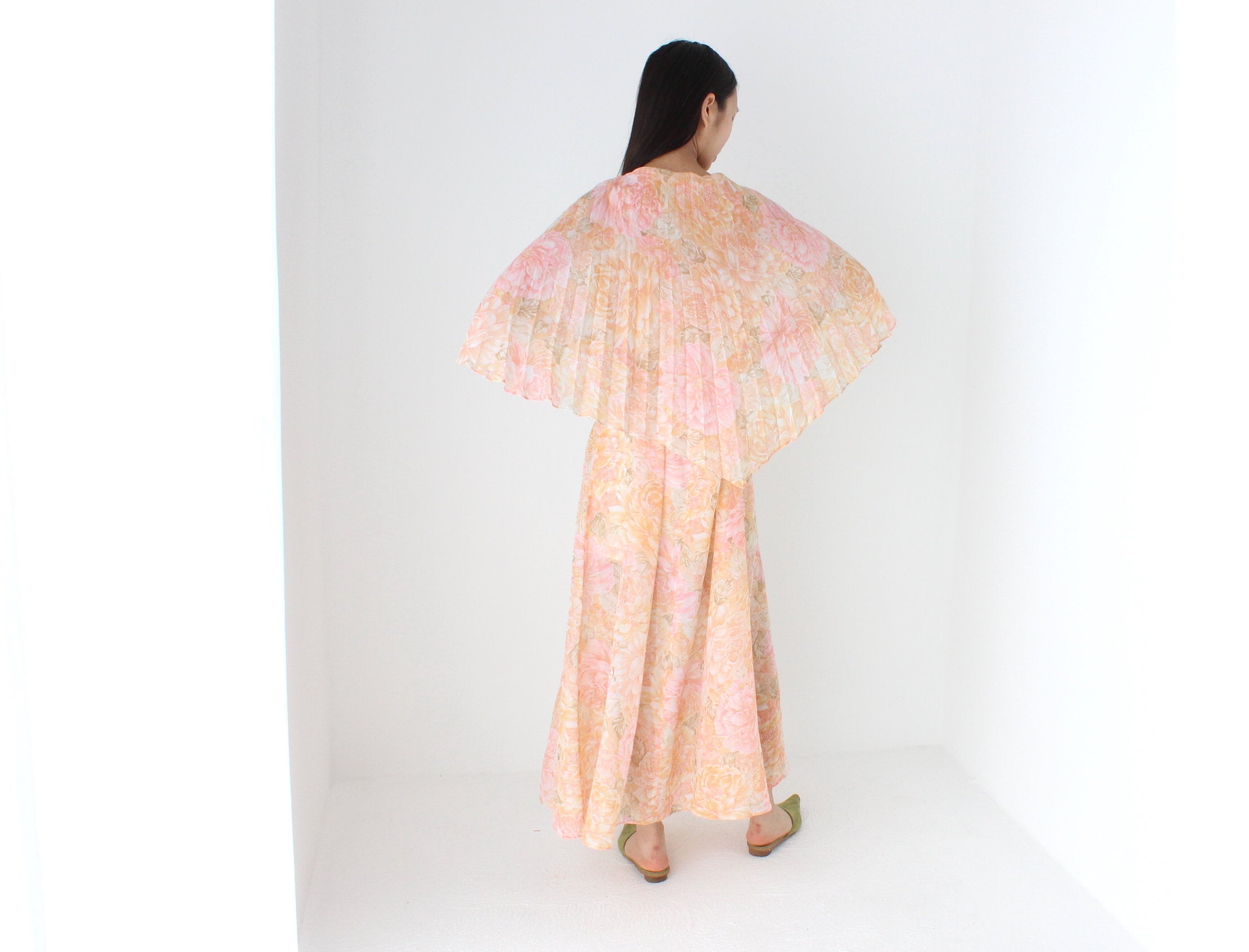 Whimsical Handmade 70s Sheer Pastel Floral Pleated Cape Dress