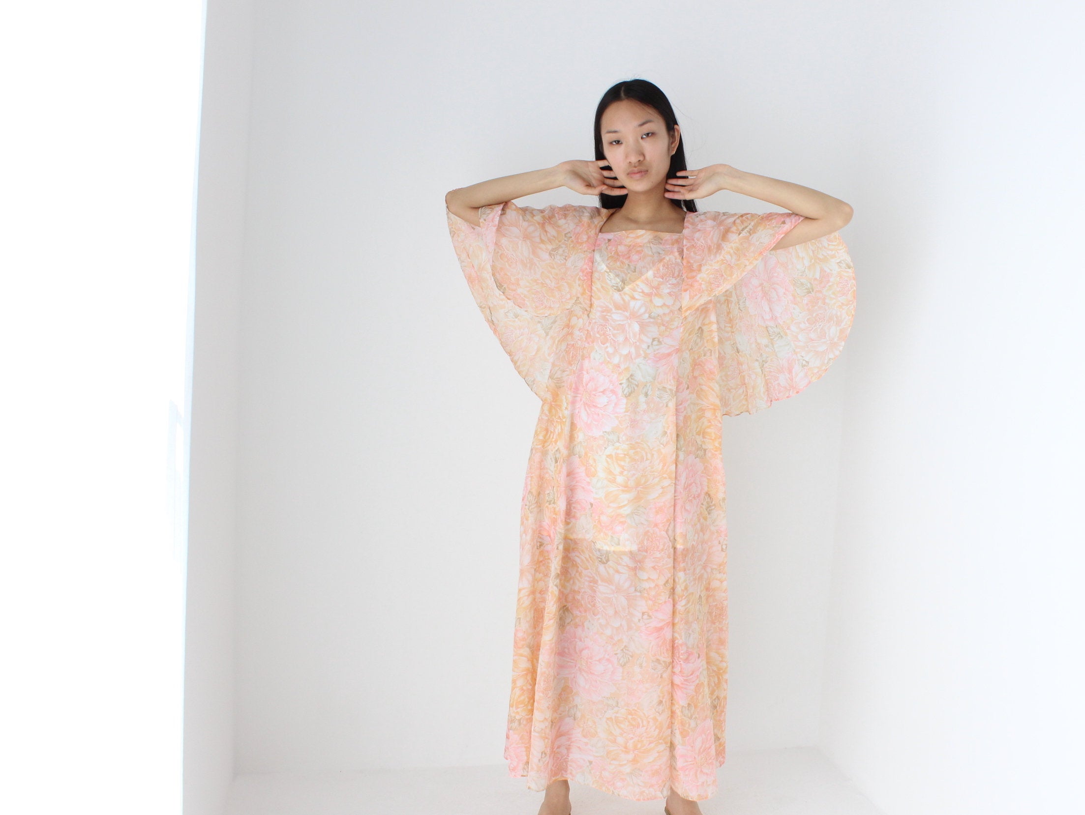 Whimsical Handmade 70s Sheer Pastel Floral Pleated Cape Dress