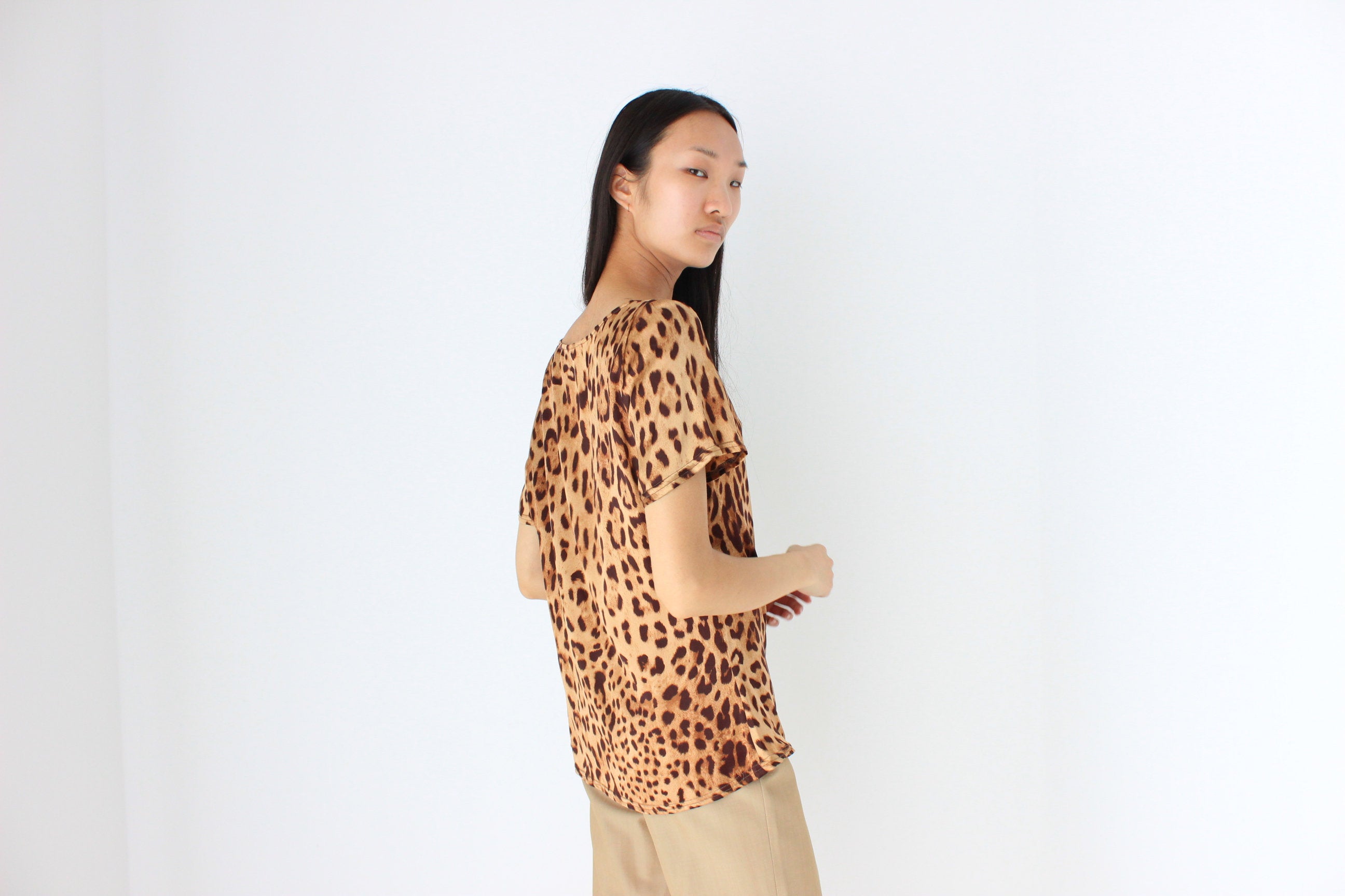 Y2K Pure Silk Leopard Print Draped Tee Blouse