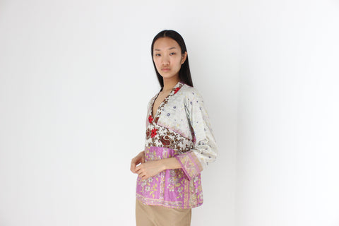 90s Indian Silk Patchwork Kimono Sleeve Top