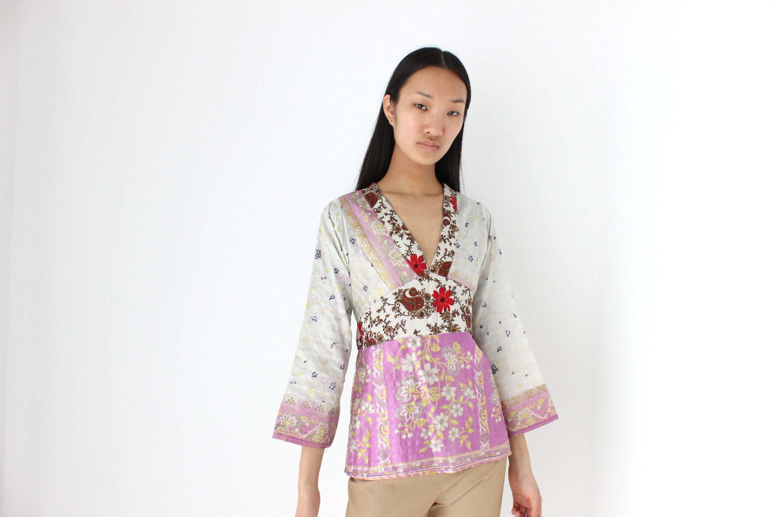 90s Indian Silk Patchwork Kimono Sleeve Top