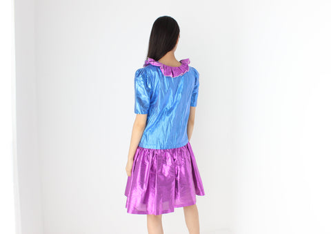 80s Puff Sleeve Lamé Metallic Foil Ruffle Dress