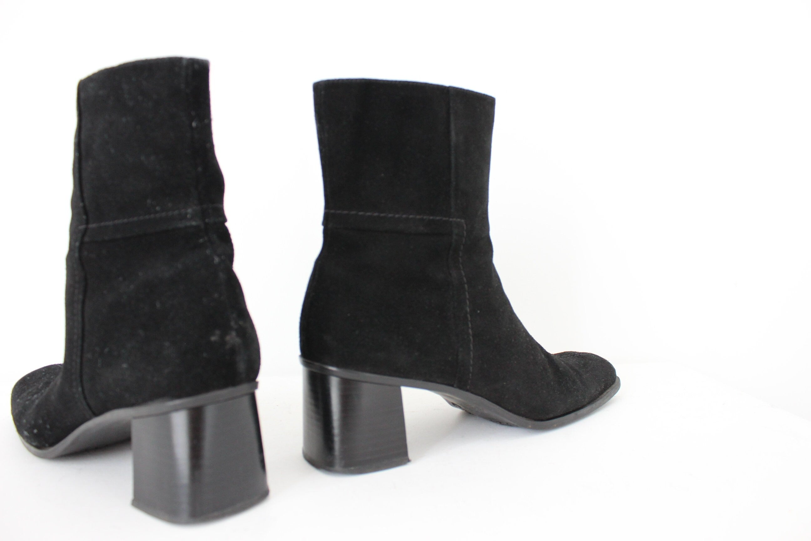90s Suede Square Toe, Low Heel Ankle Boots - Euro 39.5