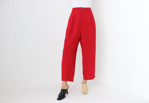 80s CUE Red Crepe Relaxed Leg High Waist Cropped Trousers